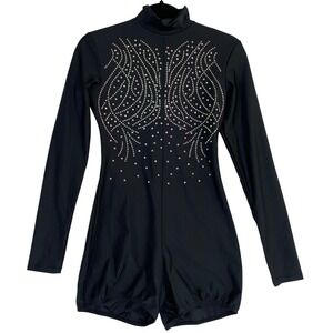 Alexandra Collection Leotard Women's Large Black Long Sleeve Romper Rhinestone
